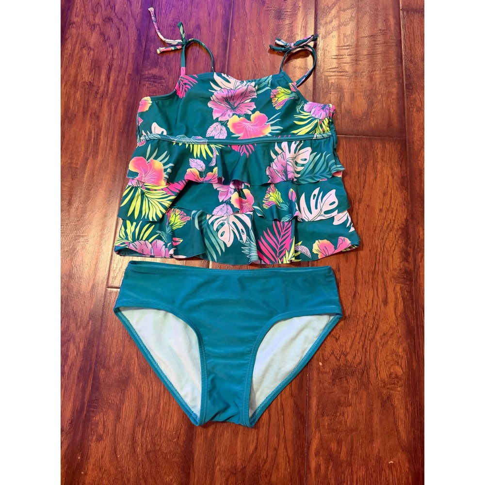 Justice Tankini Swimsuit Kids XL 16/18 Teal Floral Ruffle Excellent 2-Piece Set